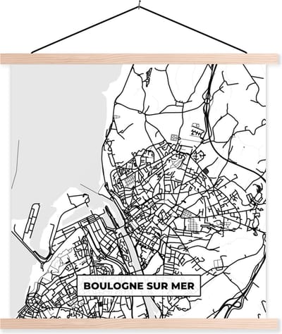 Posterhanger incl. Poster 40x40 cm - Schoolplaat - Boulogne sur Mer - Stadskaart - Plattegrond - Kaart - Frankrijk - Zwart wit - Textielposter - Blanke latten - Stadskaart