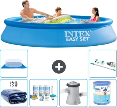 Intex Rond Opblaasbaar Easy Set Zwembad - 305 x 61 cm - Blauw - Inclusief Solarzeil - Onderhoudspakket - Zwembadfilterpomp - Filter - Grondzeil - Stofzuiger - 7-delig
