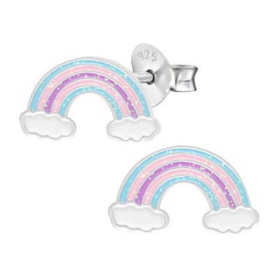 Zilveren kinderoorbellen - regenboog met glitters - hypoallergeen