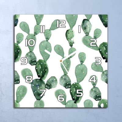 Coloray Wandklok - Cactusstruikgewas Glazen Wandklok - 30x30 cm - Groente Wandklok - Wandklok Vierkant - Wandklok Scandinavisch - Wandklokken Woonkamer - Stille Wandklok