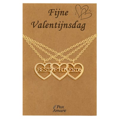 Koppel Ketting voor 3 'Fijne Valentijnsdag' - 3 hartjes - Best Friends - Vriendschapsketting op Cadeau Kaartje - 45cm + 5cm verstelbaar - Goudkleurig - BFF Hanger - Pax Amare