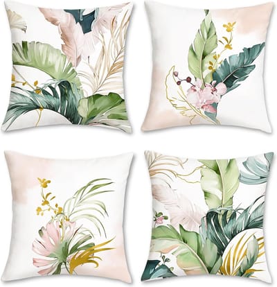 Set van 4 kussenslopen, bladeren, groen en roze, 45 x 45 cm, tropische bladeren, fluweel, zacht, decoratieve kussenhoezen, sierkussenhoezen voor tuin, outdoor, bank, woonkamer, woondecoratie