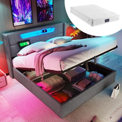Wishdor Gestoffeerd Bed – 140 x 200 cm – Met Ledverlichting en Usb/Type-C – Linnen Grijs – Hydraulische Opbergruimte – Inclusief 7-Zones Pocketvering Matras H3 – Compleet Slaapsysteem voor Moderne Slaapkamer – Stabiel tot 300 kg