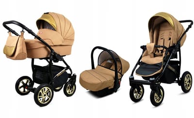 BabyLux® Kinderwagen 3in1 – GOLDLUX - SAND PEARL BLACK FRAME - Opklapbare Wandelwagen incl. Reiswieg, Multifunctionele Buggy Sportstoel, Autostoel - Combi-kinderwagen met Luiertas, Regenhoes, Klamboe, Bekerhouder, etc.