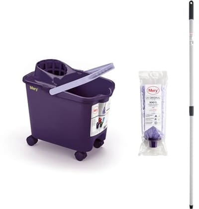 Emmer met Mop en Steel - Zeer Absorberende Microvezelmop met Telescoopstang en Wieltjes - 14 Liter Afdruipemmer in Paars