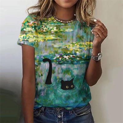 T-shirt à motif chat fleur amusant pour femmes T-shirts imprimés en 3D Mode d'été T-shirts de rue Manches courtes Col rond Hauts 6XL