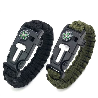 Zwarte en groene survival armband heren en dames set met kompas fluitje firestarter mesje en reddingstouw gevlochten nylon outdoor nood armband voor wandelen kamperen en survival activiteiten