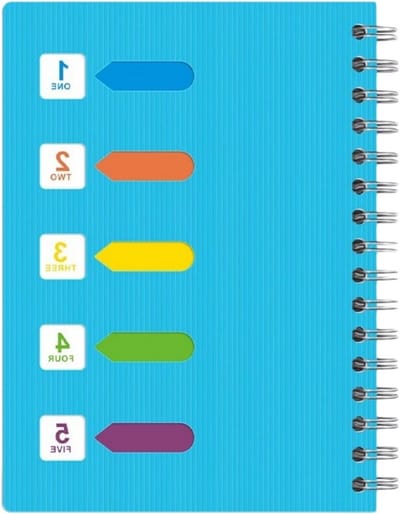 A5 Notitieboek met Scheidingsbladen, 120 Pagina's, Spiraalbinding, Hardcover, Geschikt voor Werk, School en Kantoor, Met 5 Indexvlaggen en Gelijnde Pagina's