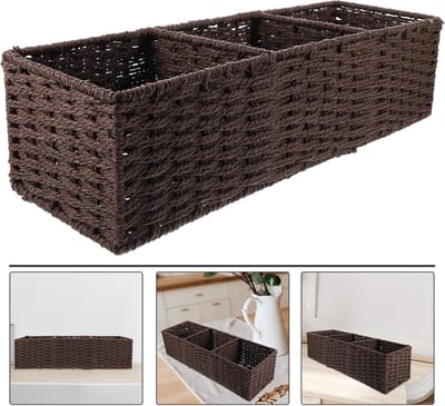VHV - Badkamer organizer - Opbergmand - Toilet organizer - Handgeweven - 3 vakken - Voor gastendoekjes en toiletrollen - Voor bovenop het toilet - 36*15*10cm - Bruin