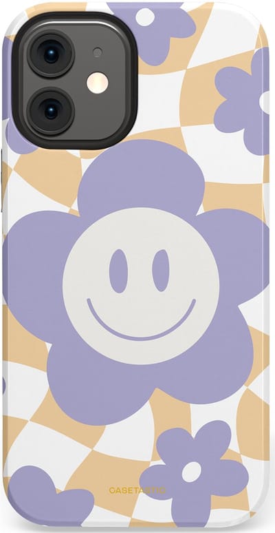 Casetastic hoesje geschikt voor Apple iPhone 12 Mini - Dubbellaagse bescherming - Madeliefjes magie - Fashion Case - Lila Wit Zand Lichtgrijs