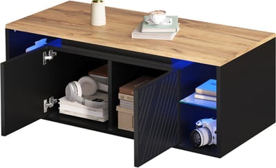 Zwarte salontafel met led verlichting - Salontafel met opbergruimte en deuren - Spaanplaat - Woonkamer - Zwart
