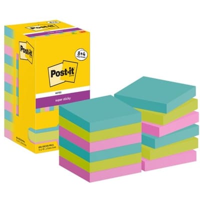 Post-It Super Sticky Notes, Cosmic Collection, 76 mm x 76 mm, 90 vellen, 8 pads + 4 gratis/verpakking, diverse kleuren