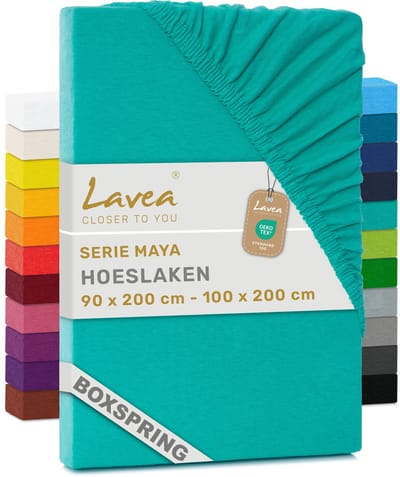 Lavea® Hoeslaken 90x200cm 100% Katoen – Hoge Hoek 35 cm voor Dikke Matrassen – met Elastiek Rondom in Jersey – voor Boxspring – Turquoise
