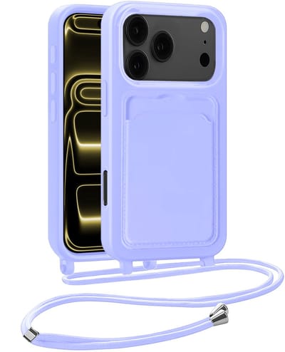 Hoesje Geschikt voor iPhone 17 Pro Telefoonhoesje Met Koord Case Pashouder Siliconen - Hoes Geschikt voor iPhone 17 Pro Hoesje Met Kaarthouder - Lila