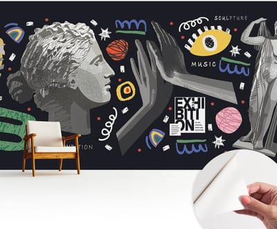 Wallfluent Zelfklevend Behang - Een kleurrijke tentoonstelling Stickerbehang op rol - 416x254 cm - Zwart Zelfklevend Behang - Plakklare achterzijde - Voor op kantoor, voor de woonkamer, voor de slaapkamer Zelfklevend Behang