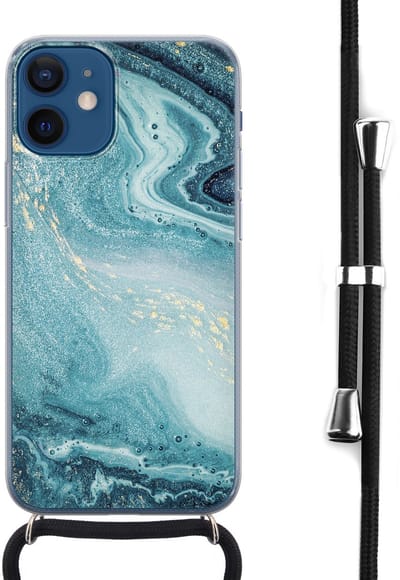 Hoesje met koord - Geschikt voor iPhone 12 Mini - Marmer blauw - Verstelbaar zwart koord - Transparant, Blauw - Marmer - Leuke Telefoonhoesjes