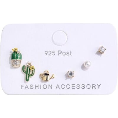 Mooie Cactus Ingemaakte Parel Zirkoon Stud Oorbellen Set Voor Vrouwen Geometrische 6-delige Oorbellen Set Sieraden Geschenken white