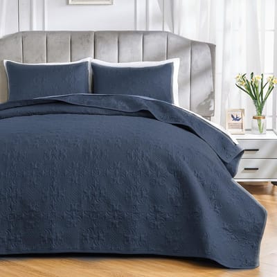 Dailygoods- Bedovertrek 240 x 260 cm - 3-delige Set - Kussenslopen 50 x 75 cm - Zacht Polyester - Marineblauw/Bloemenpatroon - Lichtgewicht Design - Dekbedovertrek
