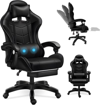 Massage Gaming Stoel-Gamerfauteuil met Masserende Lendensteun- Hoofdsteun-In Hoogte Verstelbaar-Rugleuning Kantelbaar tot 135°