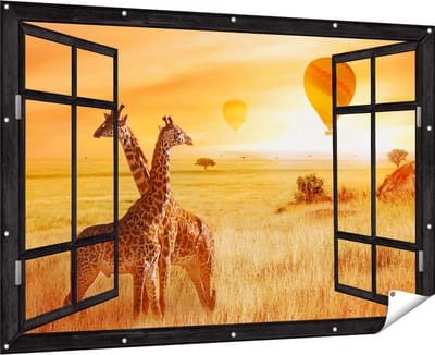 Gards Tuinposter Doorkijk Twee Giraffen met Twee Oranje Luchtballonnen - 180x120 cm - Tuindoek - Tuindecoratie - Wanddecoratie buiten - Tuinschilderij