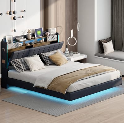 MEUNIQ gestoffeerd tweepersoonsbed 160x200 cm met LED-verlichting, USB-aansluiting, opbergruimte in hoofdbord en lattenbodem voor slaapkamer, grijs