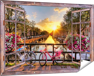 Gards Tuinposter Doorkijk Amsterdamse Brug met Zonsopgang - 150x100 cm - Tuindoek - Tuindecoratie - Wanddecoratie buiten - Tuinschilderij