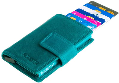Figuretta Compacte Dames Portemonnee met Aluminium Creditcardhouder – RFID Bescherming – Inclusief Muntvak en Biljetvak – Echt Vintage Leer – Blauw