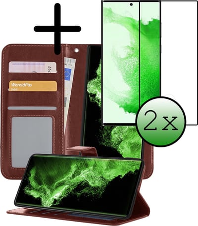 Hoesje 2 in 1 - Geschikt voor Samsung Galaxy S22 Ultra - Met 2x Screenprotector - En Uitneembare Hard Cover - Bookcase - Wallet Case - Met Pasjeshouder - Book Case - Uitneembaar - Pashouder - Kunstleer - Bruin