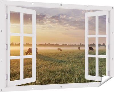 Gards Tuinposter Doorkijk Koeien in de Wei tijdens Zonsopkomst - 180x120 cm - Tuindoek - Tuindecoratie - Wanddecoratie buiten - Tuinschilderij