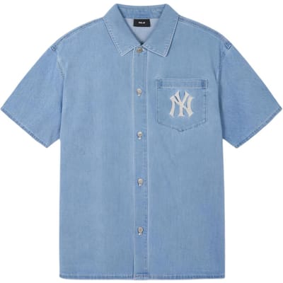 MLB New York Yankees Logo Brodé Chemise Décontractée en Jean Boutonnage Simple Manches Courtes Hommes chemises Bleu 3ADRB0443-50BLL XL gray