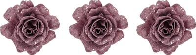Kerstboomversiering Bloemen - 3x - 10 cm - roze glitter - op clip - ornament