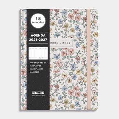 Hobbit - 18 Maanden Agenda 2026-2027 - 1 week op 2 pagina's - Harde Kaft - ±A4 (20,5 x 26,5 cm) - Bloemen Outline