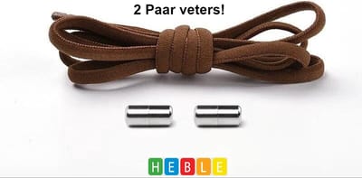 *** Magnetische Veters Plat - 2 Paar - Bruin - Niet meer Strikken - Kids - van Heble® ***