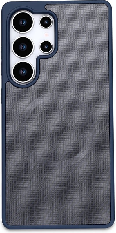Casemania Hoesje Geschikt voor Samsung Galaxy S23 Ultra - Blauw - Carbon Back Cover - Geschikt voor MagSafe