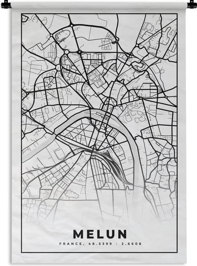 Wandkleed - Wanddoek - Frankrijk - Stadskaart - Plattegrond - Kaart - Melun - Zwart wit - 120x180 cm - Wandtapijt
