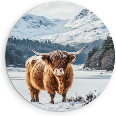 Saammp - Muurcirkel Hout - Schotse Hooglander Koe in de sneeuw - Landschap - Dieren - Natuur - Ø 90 - Wandcirkel - Wanddecoratie Cirkel - muurdecoratie Woonkamer - Slaapkamer decoratie - Rond Schilderij