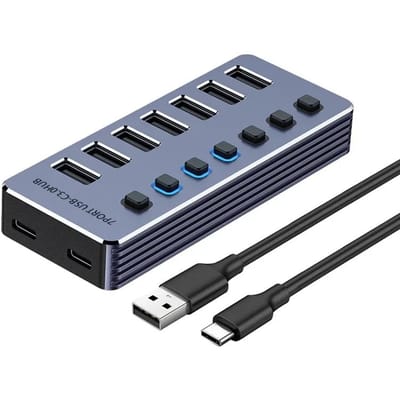 10/7 Poorts USB HUB USB 3.0 5Gbps Splitter Meerdere Uitbreidingsdock met Onafhankelijke Schakelaar 12V Stroomadapter voor PC Laptop Tablets 7 in 1 gray