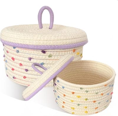 touwmand met deksel, 2 stuks decoratieve gevlochten mand met deksel, 17 cm/20 cm, gevlochten mand met deksel, gevlochten opbergmanden, decoratieve containers, accessoires