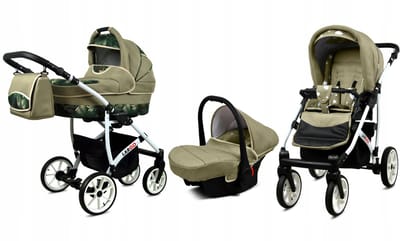 BabyLux® Kinderwagen 3in1 – LARGO - FERN LEAF WHITE FRAME - Opklapbare Wandelwagen incl. Reiswieg, Multifunctionele Buggy Sportstoel, Autostoel - Combi-kinderwagen met Luiertas, Regenhoes, Klamboe, Bekerhouder, etc.