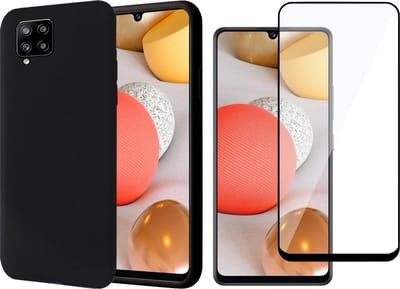 Hoesje geschikt voor Samsung A42 - Siliconen Case Cover Hoes Zwart + Screen Protector Glas Full