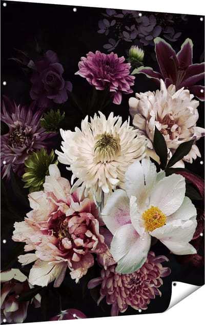 Gards Tuinposter Diverse Bloemen op Zwart Achtergrond - 120x160 cm - Tuindoek - Tuindecoratie - Wanddecoratie buiten - Tuinschilderij