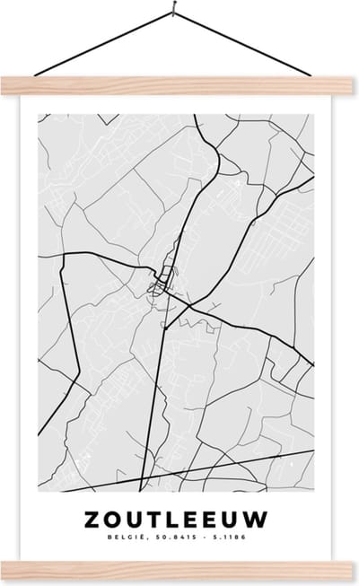 Posterhanger incl. Poster 40x60 cm - Schoolplaat - Stadskaart – Plattegrond – België – Zwart Wit – Zoutleeuw – Kaart - Textielposter - Blanke latten - Stadskaart