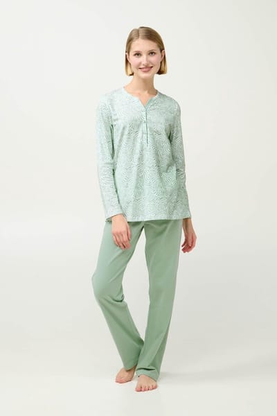 Vamp - Dames pyjama katoen fleece – groene zebra-print top en effen broek - L