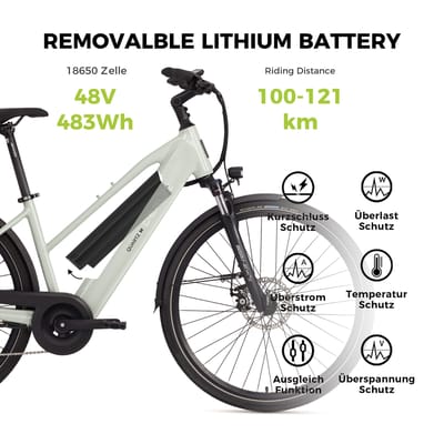 Quartz M City eBike DERUIZ Vélo Électrique 28 Pouces Vélo de Ville Électrique avec Batterie 48V 250W 483Wh Jusqu'à 121KM 28 Inch gris clair
