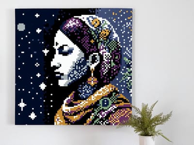 Pixel art vrouw schilderij | Pixels van elegantie: een moderne verbeelding van vrouwelijke schoonheid | Kunst - 60x60 centimeter op Canvas | Foto op Canvas