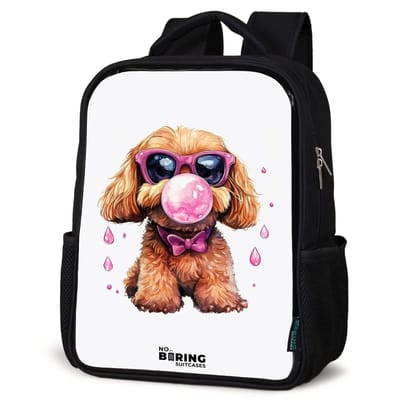 NoBoringSuitcases.com® - Rugzak zwart - Schooltas jongen & meisje - Bruine hond met roze bril en kauwgombal - Rugtas voor school - Boekentas kind - Schoolrugzak - Kinderrugzak