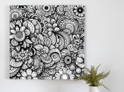 Bloemenpatroon | Speelse zwart-witte details voor een stijlvolle, moderne sfeer | Kunst - 100x100 centimeter op Dibond | Illustratie op Dibond