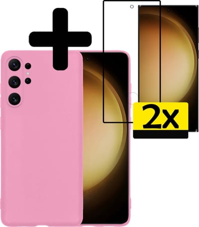Hoesje - Met 2x Screenprotector - Geschikt voor Samsung Galaxy S23 Ultra - Sterk & Shockproof - Back Cover - Siliconen Case - Telefoon Hoes - Telefoonhoesjes - Lichtroze