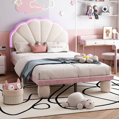 Polsterbett Met Kleurrijke LED-Lichtstrip - 90x200 cm - Kinderbed Met Golvend Hoofdbord - Beige & Roze - Fluweel - Met Lattenbodem