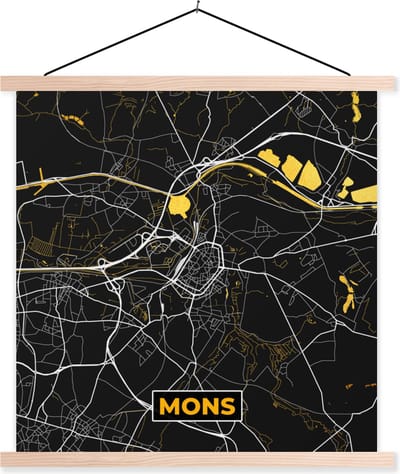 Posterhanger incl. Poster 40x40 cm - Schoolplaat - Plattegrond - Kaart - Stadskaart - Mons - Goud - Textielposter - Blanke latten - Stadskaart